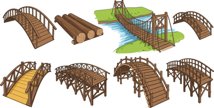 Wooden bridge constructions illustration set with footbridges logs river crossing architecture vector design