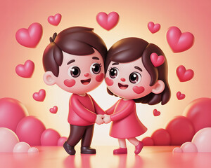 Cute 3D cartoon boy and girl holding hands with hearts