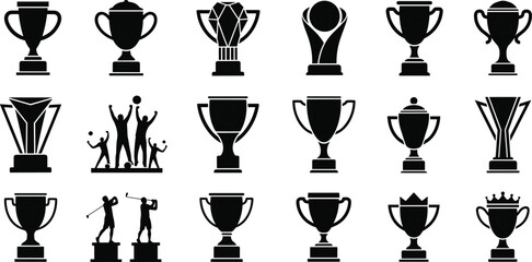 Black Trophy and Award Icons Set with Golden Cup Silhouettes Achievement Medals and Sporting Winners Profiles Isolated on White Background for Vector Graphic Design