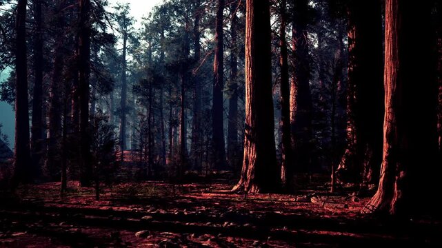 Tall sequoia trees reach towards the sky in a tranquil forest, their large trunks illuminated by soft sunset light filtering through the foliage. The forest floor is scattered with rocks and shadows.