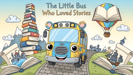 Whimsical Bus Surrounded by Books and Story Elements.