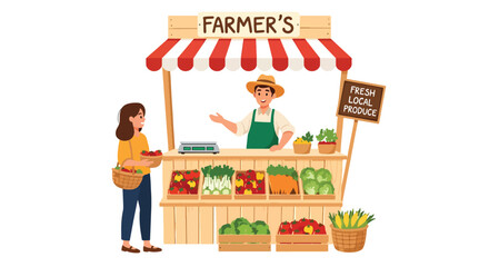Vector illustration of a USA farmer selling vegetables at a roadside stand, representing local food markets and community-based American farming in flat vector style