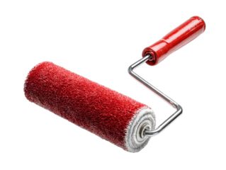 A close-up shot of a red paint roller, a tool used for painting walls or surfaces. The paint roller has a fuzzy, cylindrical head and a red handle Isolated Transparent Background, PNG