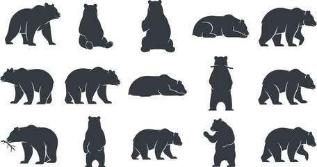 Fototapeta premium Large set of bear silhouettes in various poses including walking standing sitting and sleeping grizzly or black wild animal vector graphics for nature designs