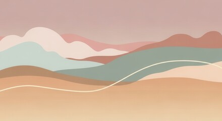 A serene landscape of rolling hills and mountains in pastel colors