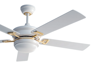 A close-up view of an elegant ceiling fan with its blades outstretched. The fan is a sleek blend of design and functionality. Isolated Transparent Background, PNG