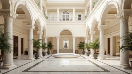 Fototapeta premium Elegant courtyard with ornate white columns a central fountain and lush greenery