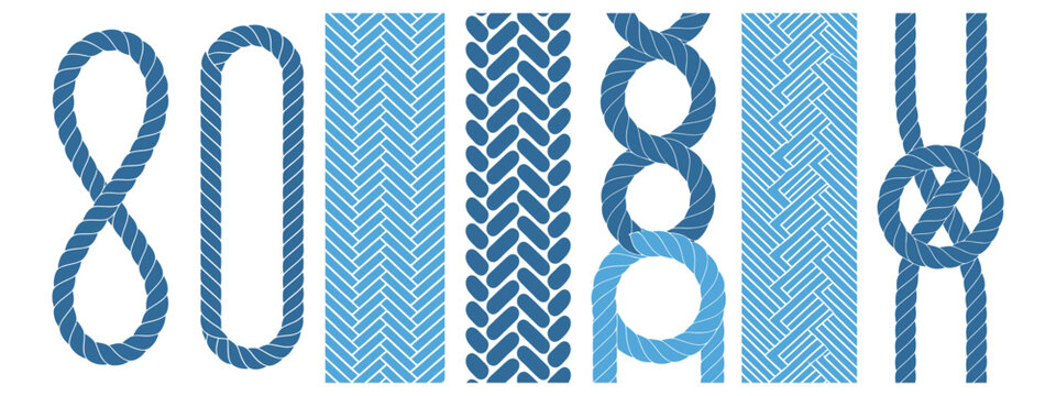 Blue rope line seamless brush pattern, vector illustration on white background