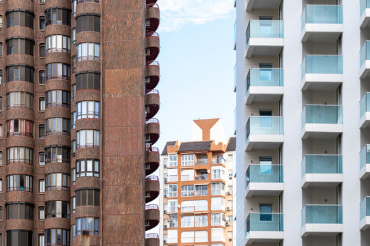 Benidorm Spain Mediterranean skyline detail of skyscraper apartment facade in coastal architecture for residential tourism with repeating balconies