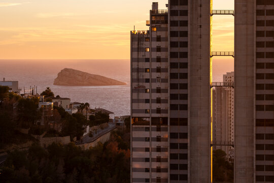Benidorm Spain Mediterranean skyline framed by skyscraper apartment towers with coastal architecture for residential tourism at golden sunset