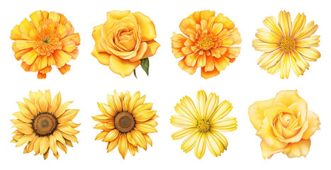 Obraz premium PNG Vibrant yellow floral element set on transparent background