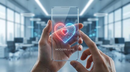 Hands Holding Transparent Smartphone with Neon Love Hearts and Modern Love Text
