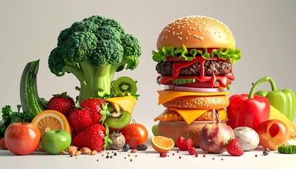 Contrast of healthy produce against a tall burger, on a light, simple background