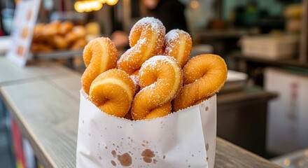 A close-up shot of warm, sugar-coated Kkwabaegi donuts inside a white paper bag. Captured at a traditional Korean market with a blurred stall background.