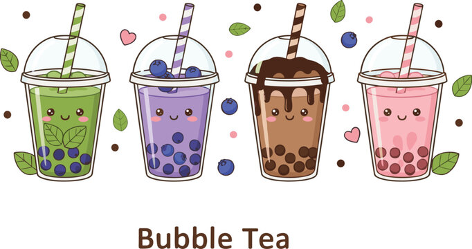 Cute bubble tea drinks collection with fruit flavors tapioca pearls and kawaii style flat vector illustration