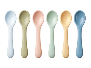 A collection of colorful spoons, each with a unique hue. The spoons are arranged in a row, showcasing a variety of pastel shades.  Isolated Transparent Background, PNG