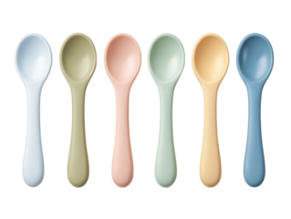 A collection of colorful spoons, each with a unique hue. The spoons are arranged in a row, showcasing a variety of pastel shades.  Isolated Transparent Background, PNG