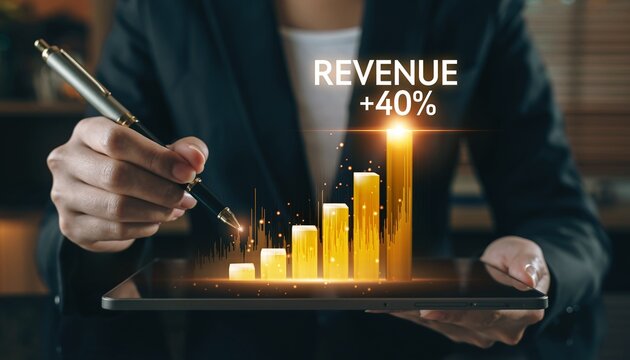 Business professional analyzing digital revenue growth chart with rising bars, symbolizing increased sales, financial performance, profit strategy, and successful business expansion.