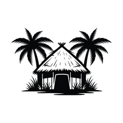 Tropical hut with palm trees and grass silhouette bungalow cabin