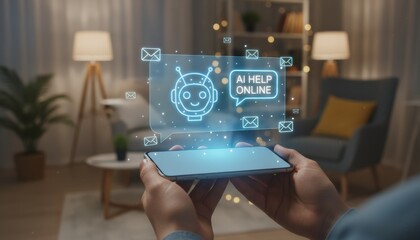 Man hand holding mobile smartphone with digital AI help online interface chatbot assistant hologram and smart artificial intelligence automated customer support service system