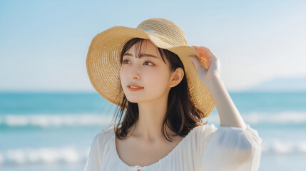 Young Japanese woman enjoying a summer day at the beach wearing a straw hat