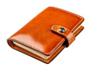 Close-up view of a brown leather notebook, elegant and stylish with intricate stitching and button closure. Isolated Transparent Background, PNG
