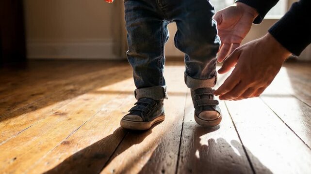 Toddler taking first steps on a sunny wooden floor while supported by an adult's hands in a cozy home setting