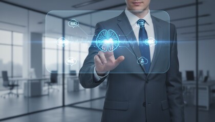 Businessman interacting with an AI virtual assistant interface. Smart customer service, artificial intelligence communication, automation technology, and modern digital business solutions.