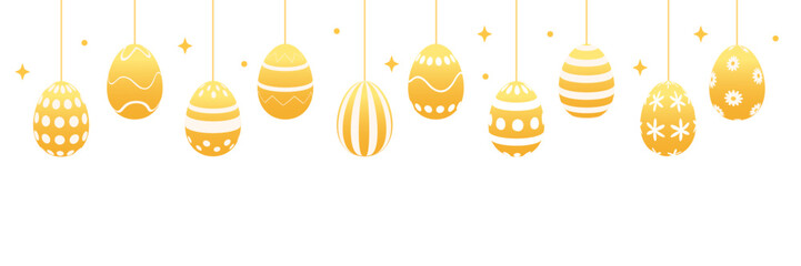 Golden Easter eggs hanging on strings with decorative patterns. Minimal flat holiday banner in warm gold color for spring headers, greeting cards, invitations, posters and seasonal designs.