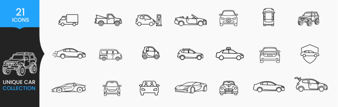 Car Line Icons Set with Electric Sports SUV Taxi and Delivery Vehicles Vector Collection