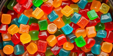 Colorful assorted gummy candies in a bowl, close-up,  confectionery,  treat
