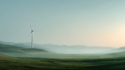 Obraz premium Wind turbine generating power on a misty hillside at sunrise