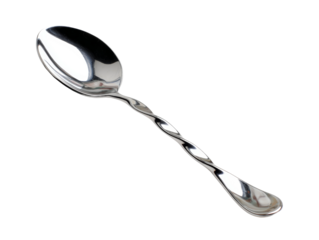 A polished silver spoon with a twisted handle, set against a simple backdrop. This elegant utensil adds a touch of sophistication to any dining experience.  Isolated Transparent Background, PNG