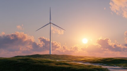 Obraz premium Wind turbine generating power on grassy hill during scenic sunset