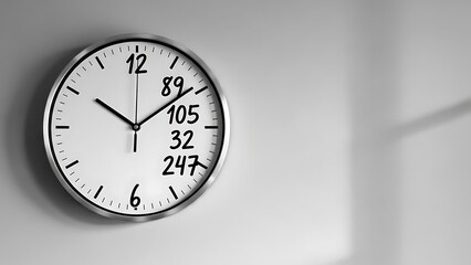 White round wall clock with black numbers and random numerical sequences on its face white clock random numbers