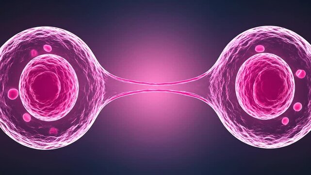 Glowing pink cells in the process of dividing, with a dark background. Inside they each have circles