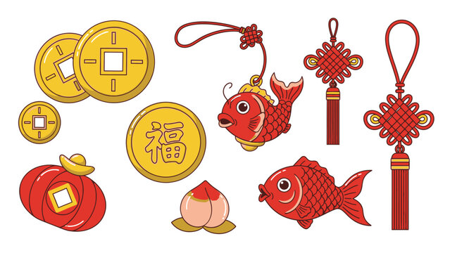 Traditional Chinese New Year lucky charms with gold coins and red fish on an isolated white background.
