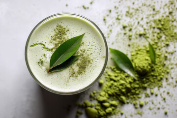 Refreshing Green Matcha Milkshake Flat Lay with Scattered Ingredients in Clear Glass