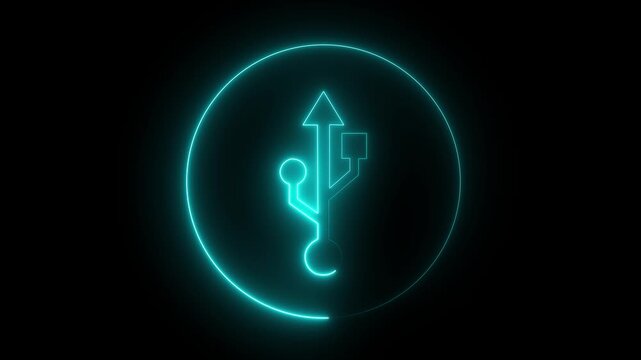 Glowing neon USB cables icon . neon adapter icon animation on black background. USB socket cable icon .USB sign concept animation. 4k motion graphics animation.