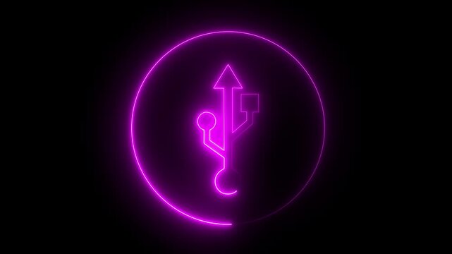 Glowing neon USB cables icon . neon adapter icon animation on black background. USB socket cable icon .USB sign concept animation. 4k motion graphics animation.