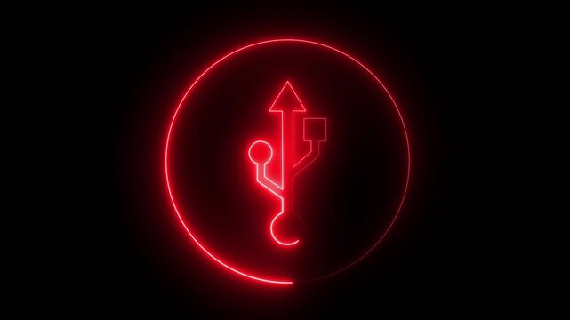 Glowing neon USB cables icon . neon adapter icon animation on black background. USB socket cable icon .USB sign concept animation. 4k motion graphics animation.