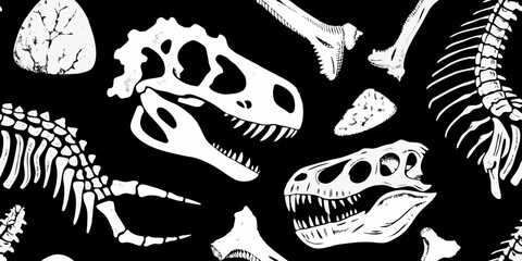 A black and white illustration of various dinosaur bones and fossils © AnupKumar