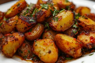 A portion of mini potato wedges, thick-cut potatoes seasoned with herbs and spices, roasted to a crispy texture 