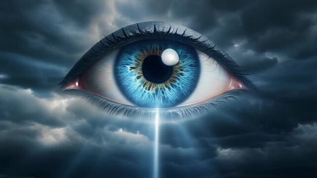 Surreal blue eye in storm clouds with radiant light beams concept vision.