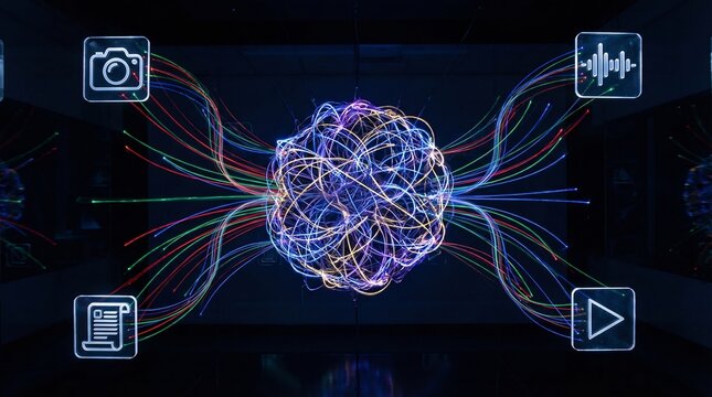 A mesmerizing abstract glowing sphere, composed of interconnected luminous lines, pulsates in the center of a dark futuristic setting, with various digital content icons such as a - Powered by Adobe