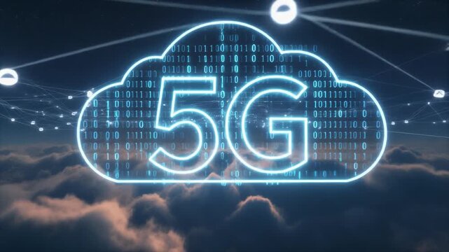 Digital cloud network above dramatic clouds data connectivity and cloud computing visualization.