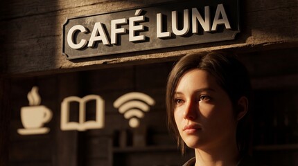 Woman at cafe luna, 3d render, coffee shop exterior, wooden sign, wifi book icons, morning sunlight, female portrait, realistic cgi, customer waiting, digital art, rustic store front, barista.