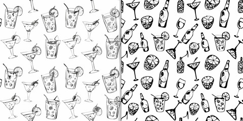 Fototapeta premium Black and white sketch pattern of various cocktail glasses and bottles
