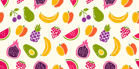 Colorful pattern of various fruits including bananas watermelon and berries