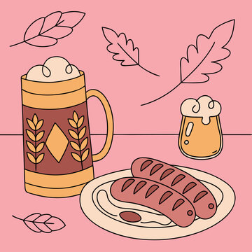 Beer and sausages on plate with leaves on pink background  